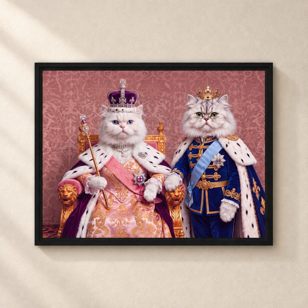 Royal Queen cat portrait canvas, 2 cats, 24" x 18", Black frame, on a plaster wall