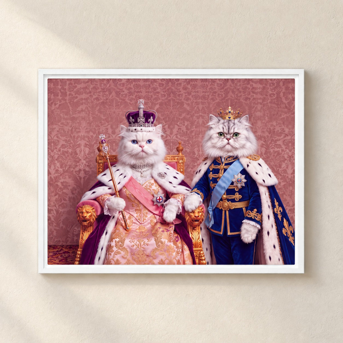 Royal Queen cat portrait canvas, 2 cats, 24" x 18", White frame, on a plaster wall