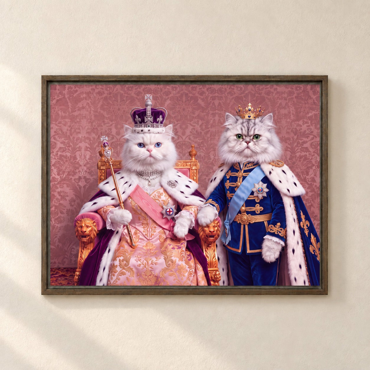 Royal Queen cat portrait canvas, 2 cats, 24" x 18", Brown frame, on a plaster wall
