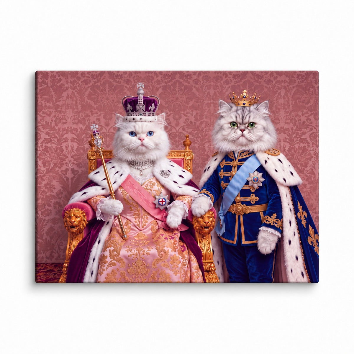 Royal Queen cat portrait canvas, 2 cats, 24" x 18", Unframed, on a white backdrop
