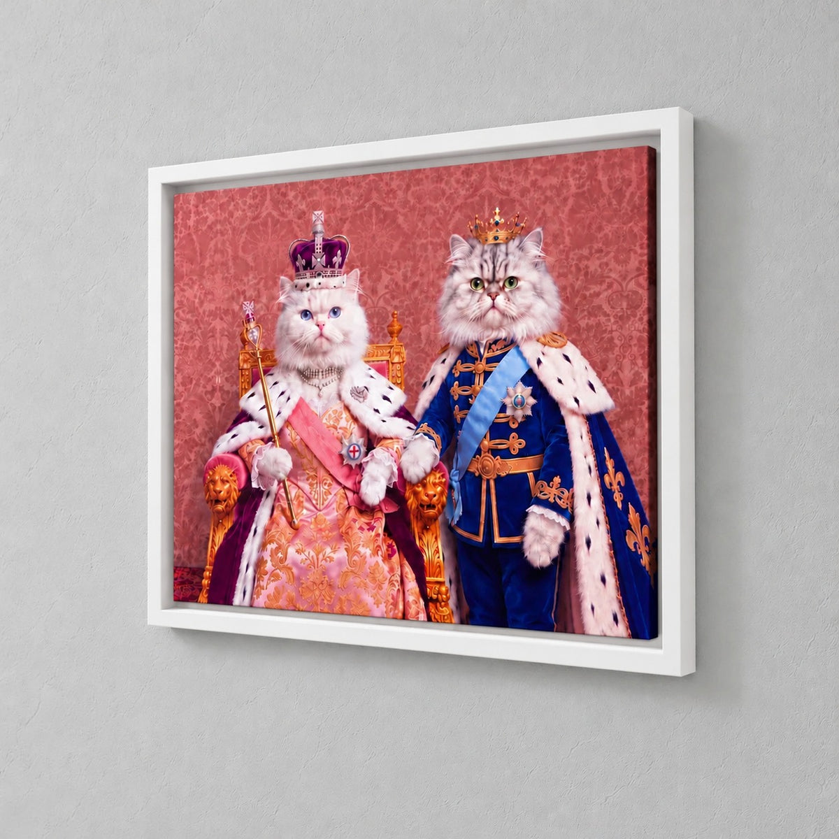 Royal Queen cat portrait canvas, 2 cats, 24" x 18", White frame, close angle at the frame corner showing the whole frame