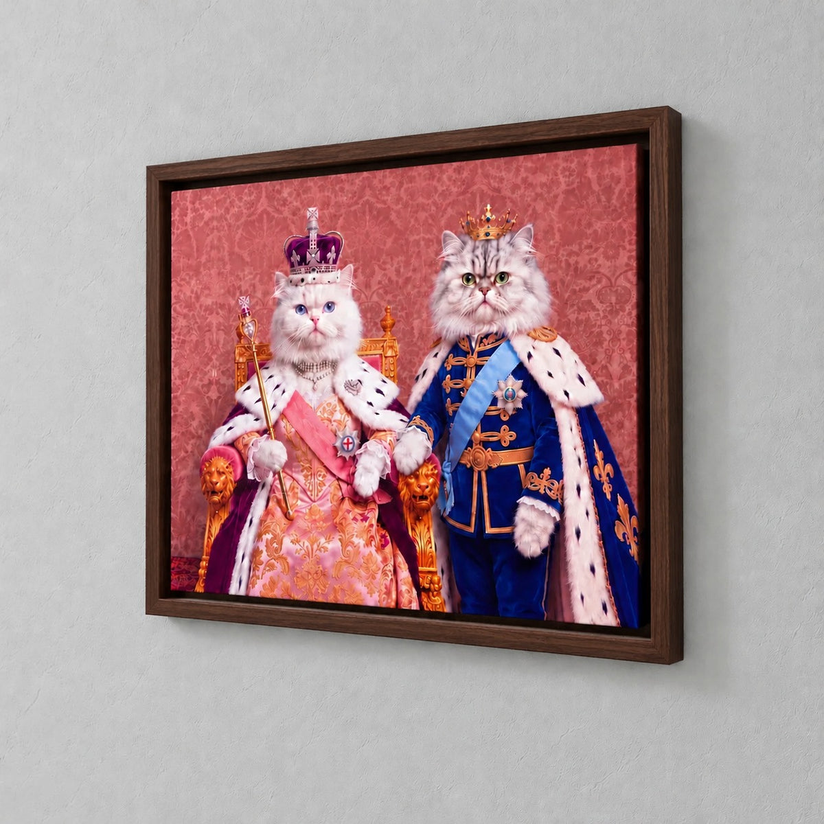 Royal Queen cat portrait canvas, 2 cats, 24" x 18", Brown frame, close angle at the frame corner showing the whole frame