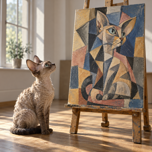 Devon rex cat beside its cubism style canvas portrait
