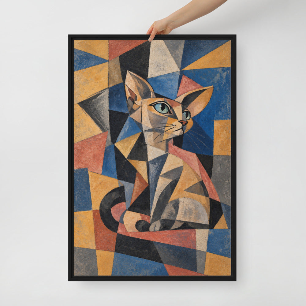 Cubism cat portrait canvas print, 24 x 36 in, in a black floating frame
