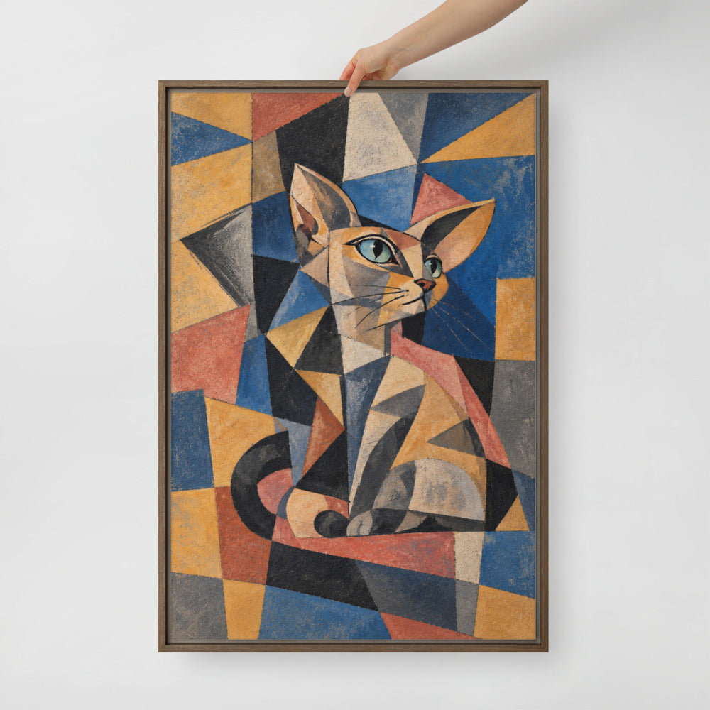 Cubism cat portrait canvas print, 24 x 36 in, in a brown floating frame