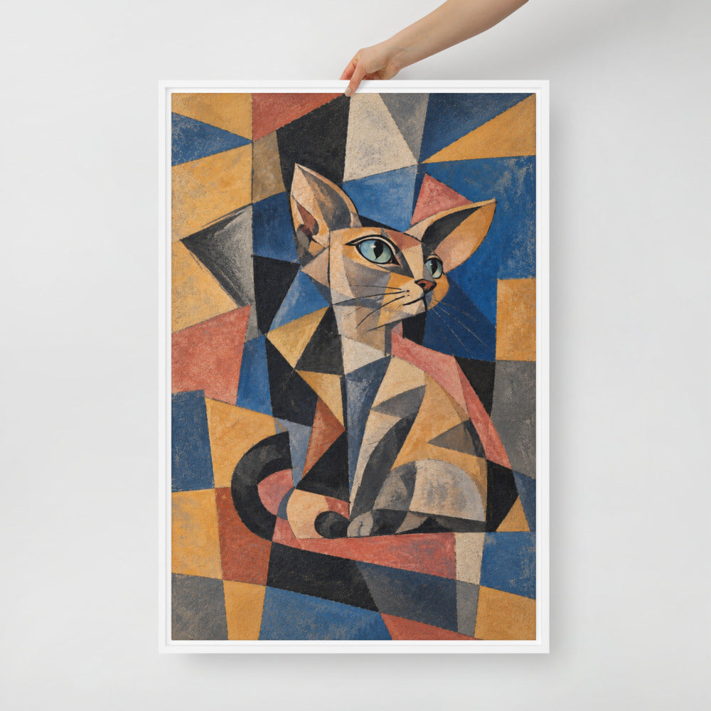 Cubism cat portrait canvas print, 24 x 36 in, in a white floating frame