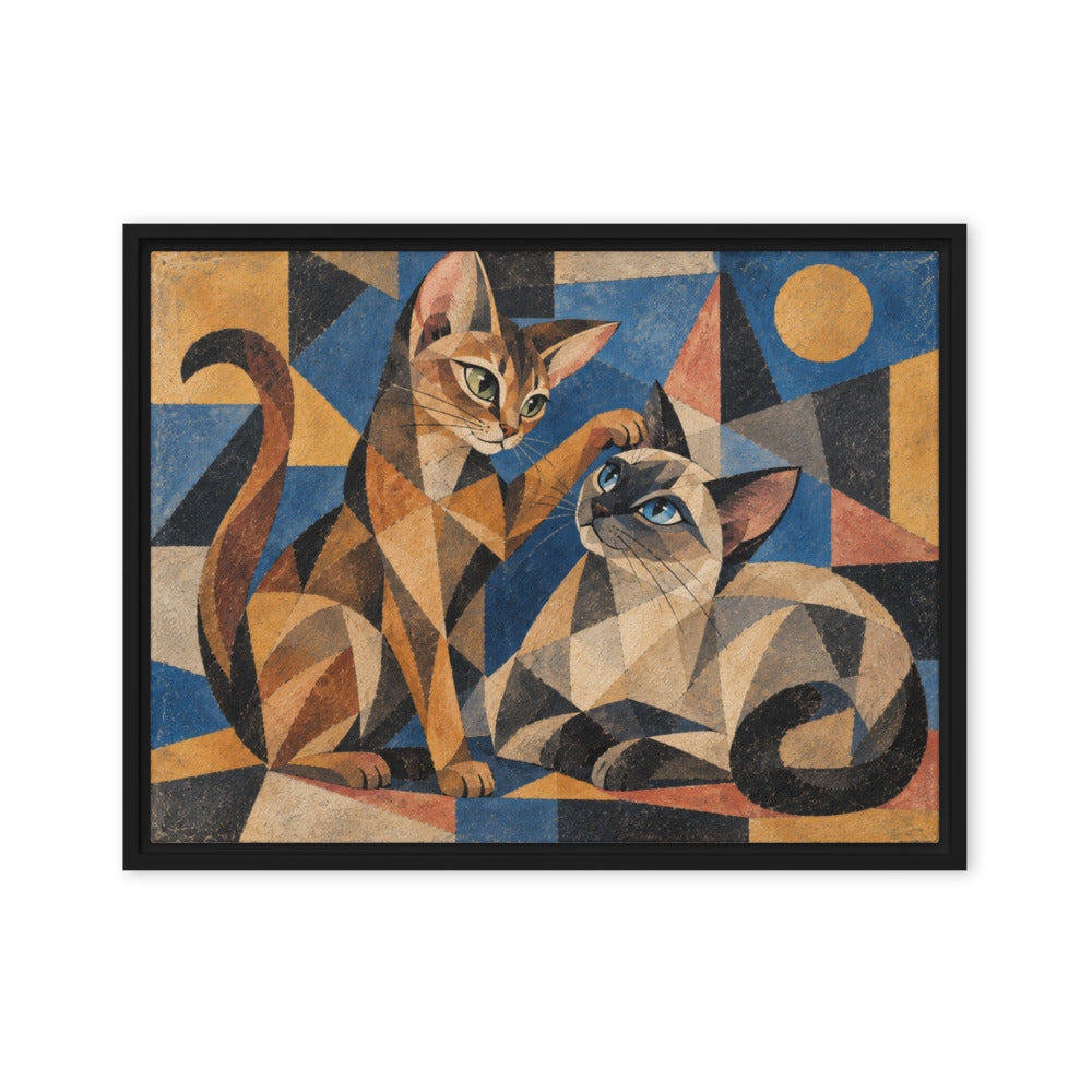 Cubism portrait of 2 cats, canvas print in a black floating frame