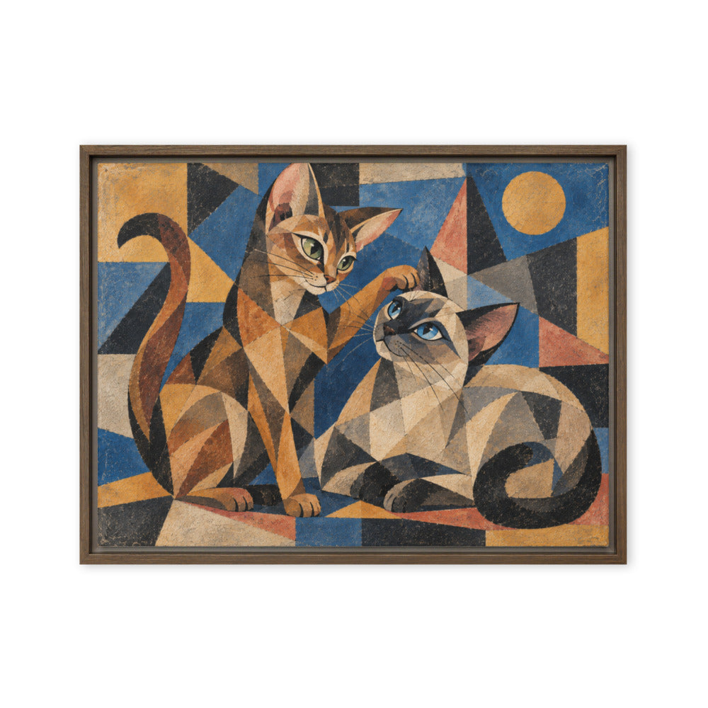 Cubism portrait of 2 cats, canvas print in a brown floating frame