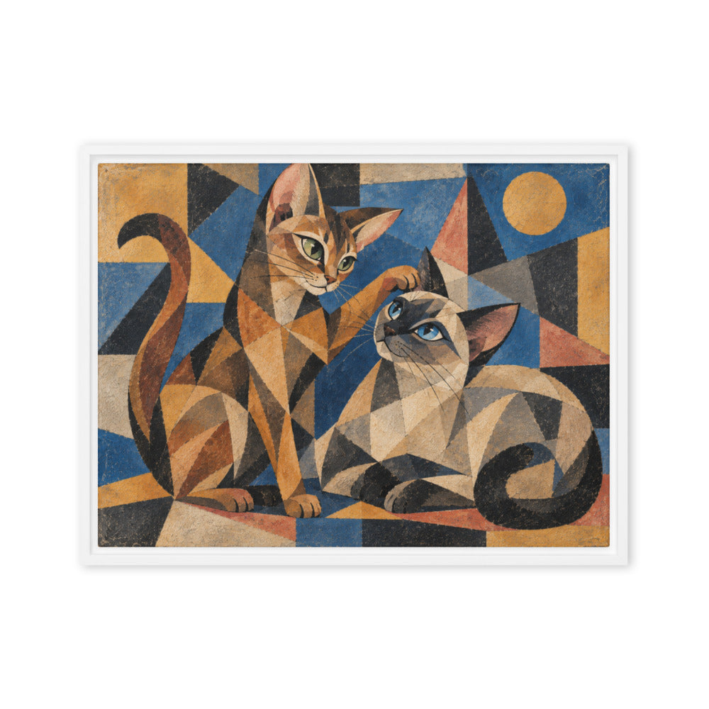 Cubism portrait of 2 cats, canvas print in a white floating frame