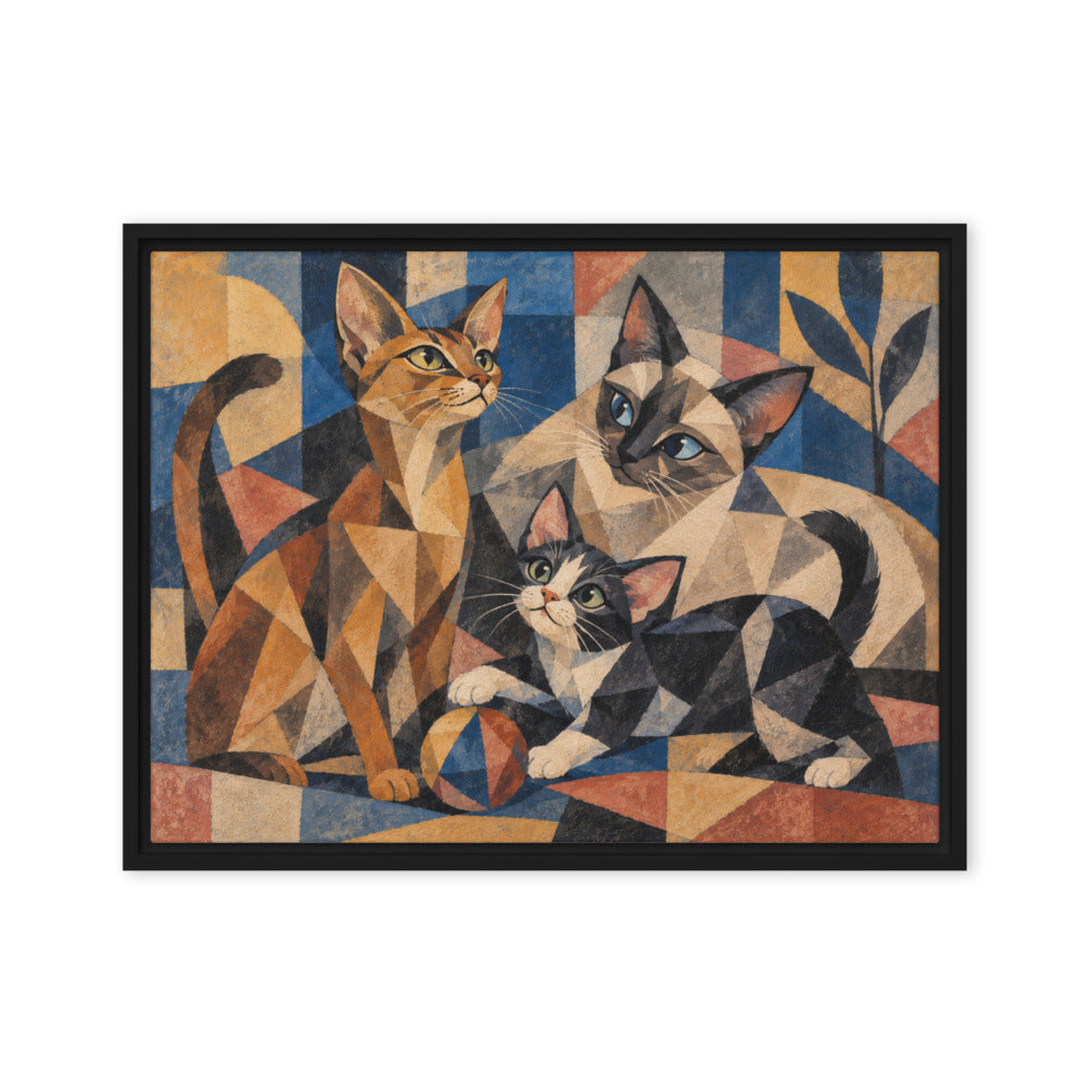 Cubism portrait of 3 cats, canvas print in a black floating frame