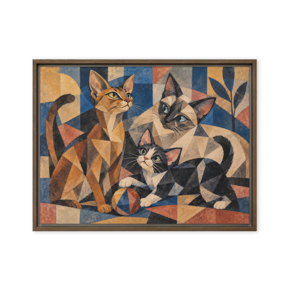 Cubism portrait of 3 cats, canvas print in a brown floating frame