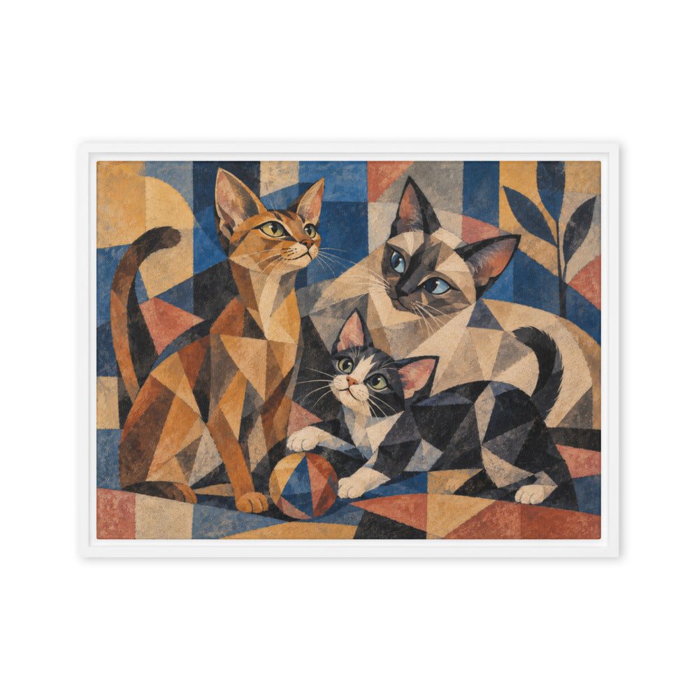 Cubism portrait of 3 cats, canvas print in a white floating frame