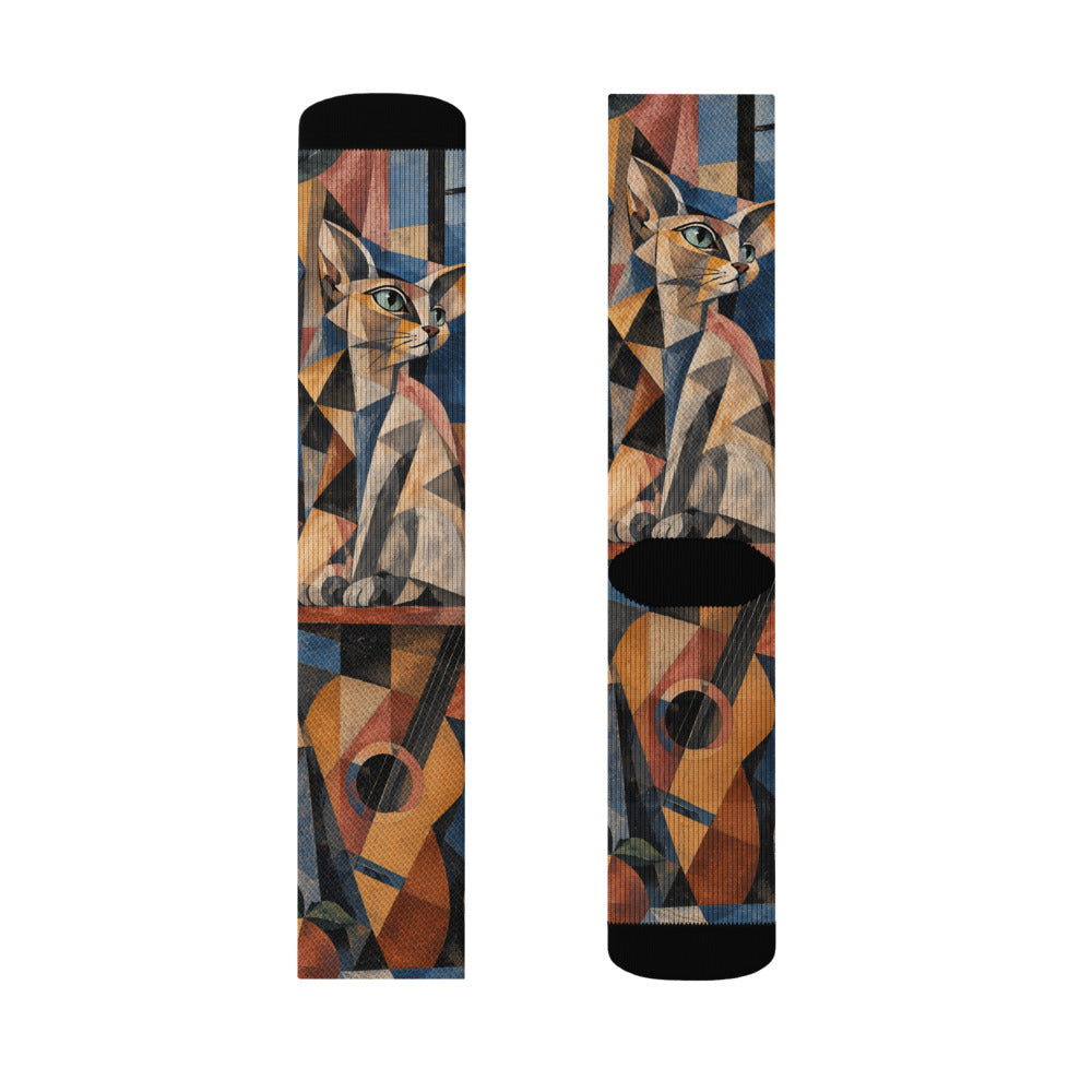 Custom cat portrait socks in the Cubism style