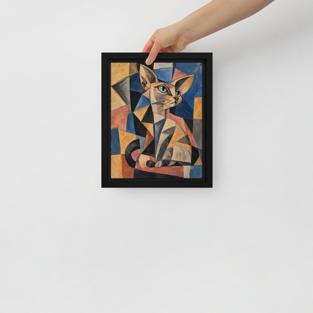 Cubism cat portrait canvas print, 8 x 10 in, in a black floating frame