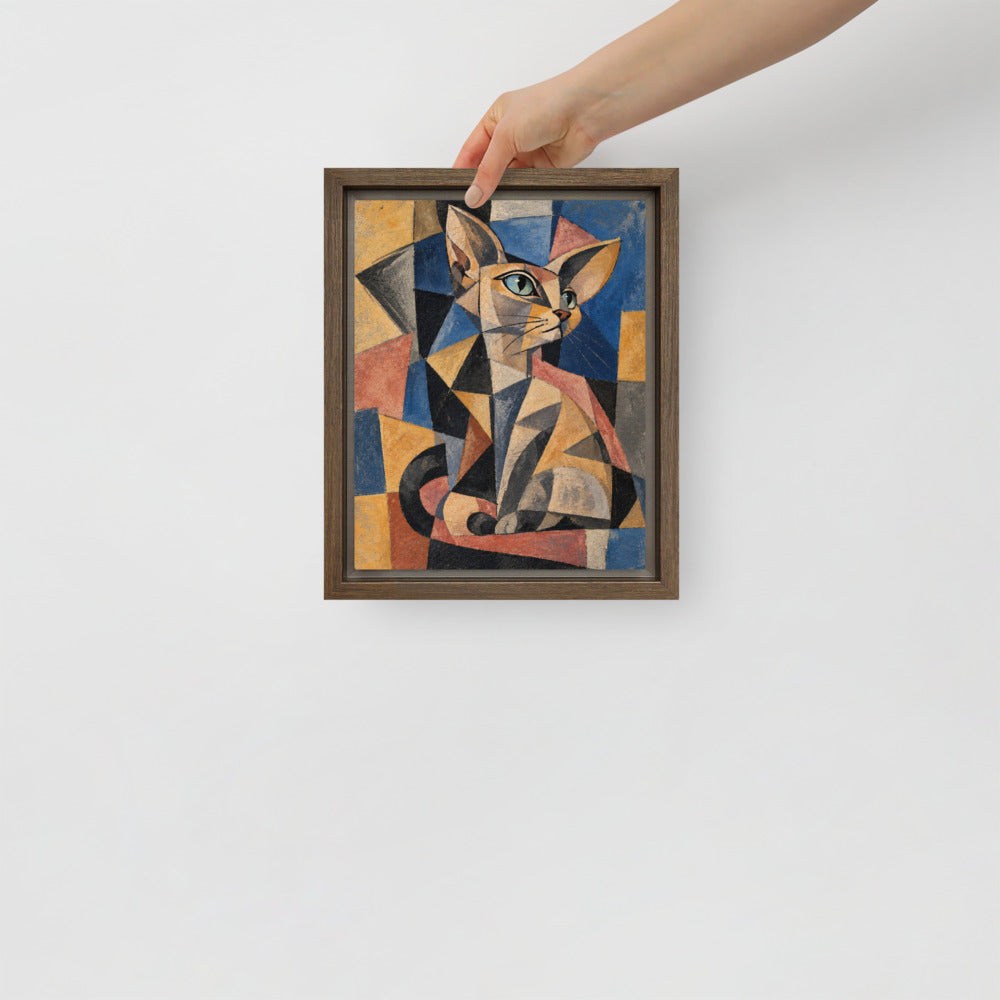 Cubism cat portrait canvas print, 8 x 10 in, in a brown floating frame