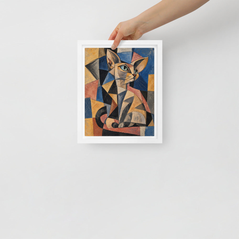 Cubism cat portrait canvas print, 8 x 10 in, in a white floating frame