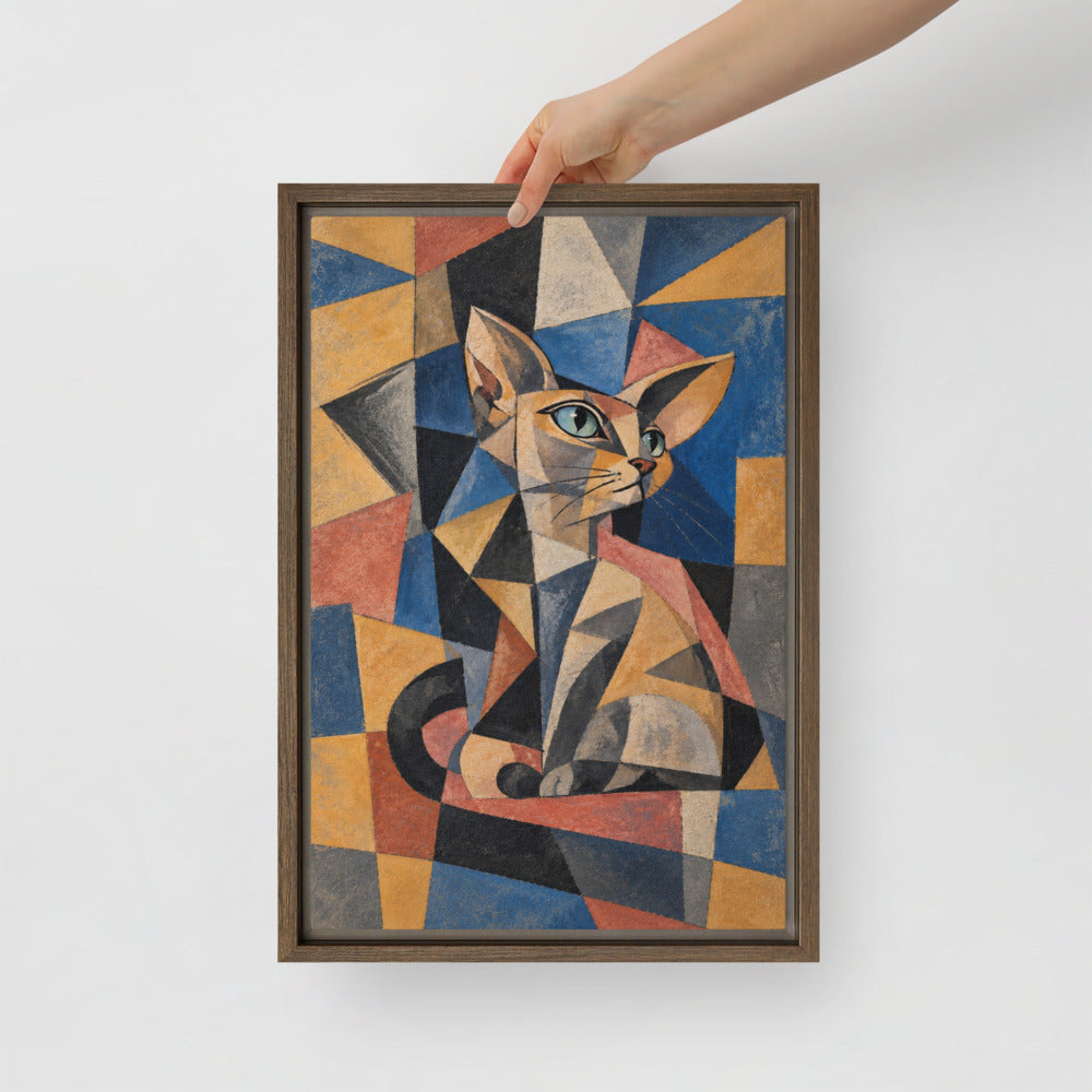 Cubism cat portrait canvas print, 12 x 18 in, in a brown floating frame