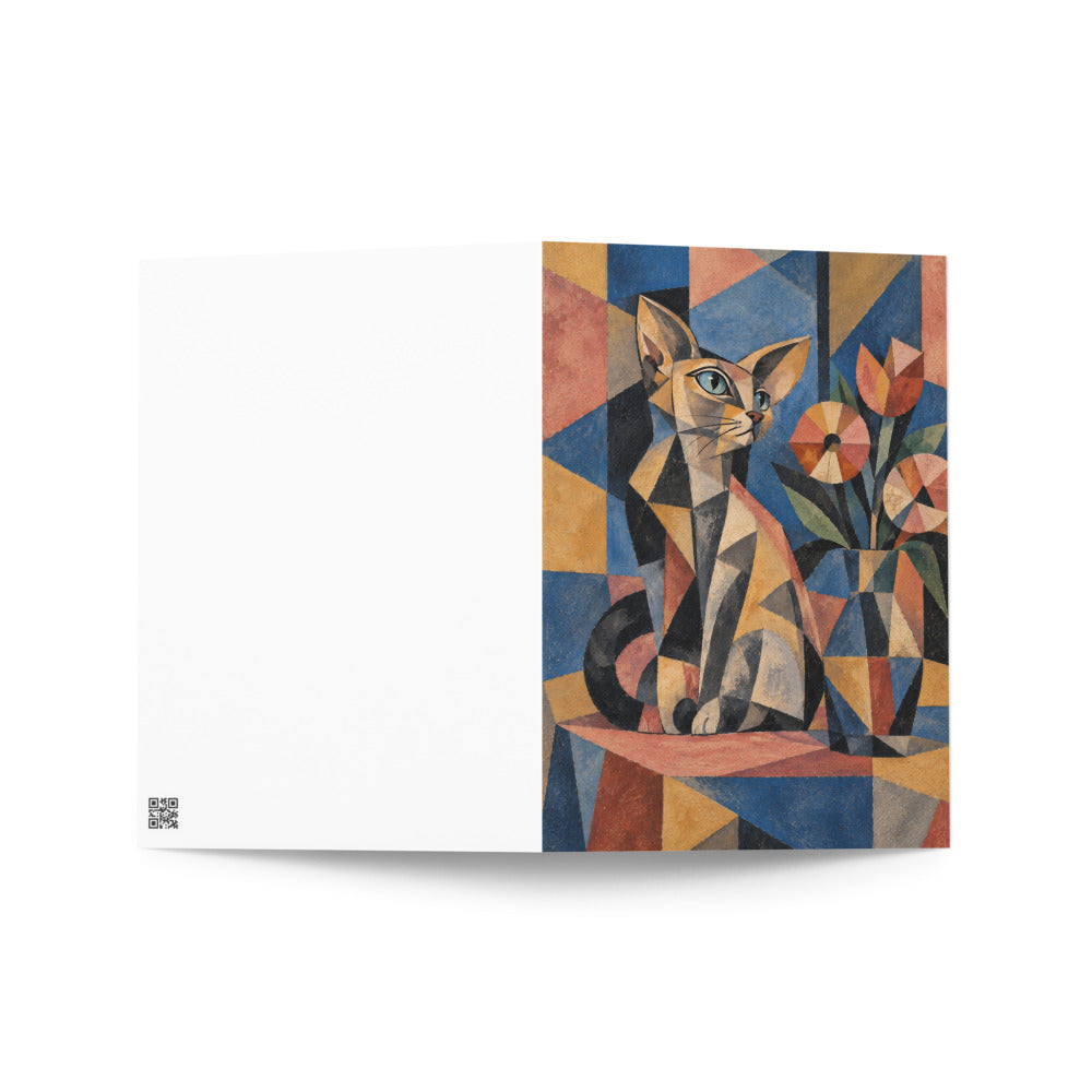 Custom cat portrait greeting card in the Cubism style