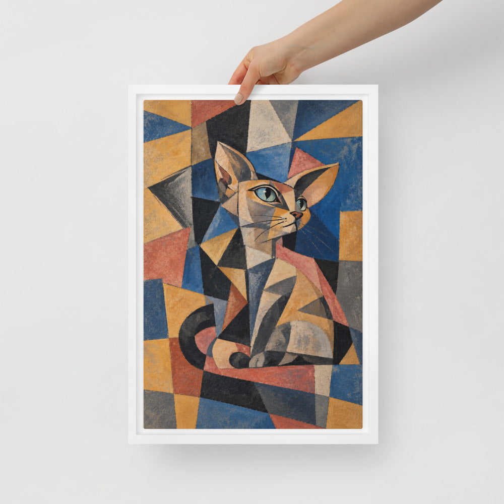 Cubism cat portrait canvas print, 12 x 18 in, in a white floating frame