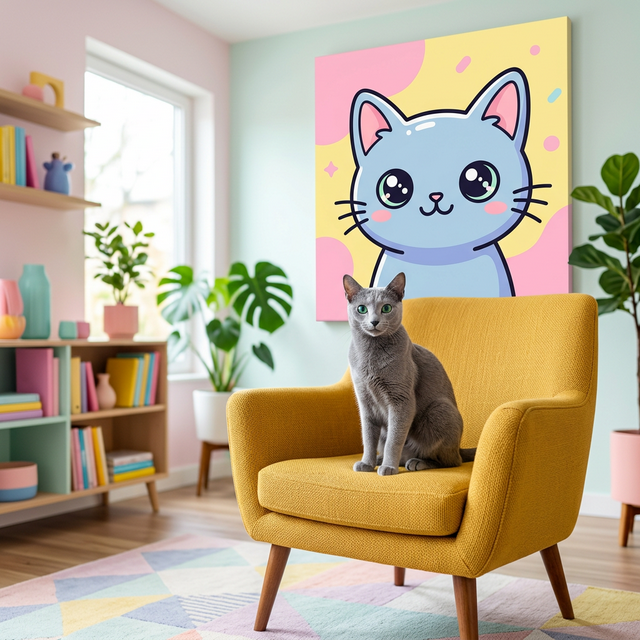 Cute Kawaii Line Art Canvas room mockup; custom cat portrait canvas from photo in the Cute Kawaii Line Art style; gray cat; proof before print.
