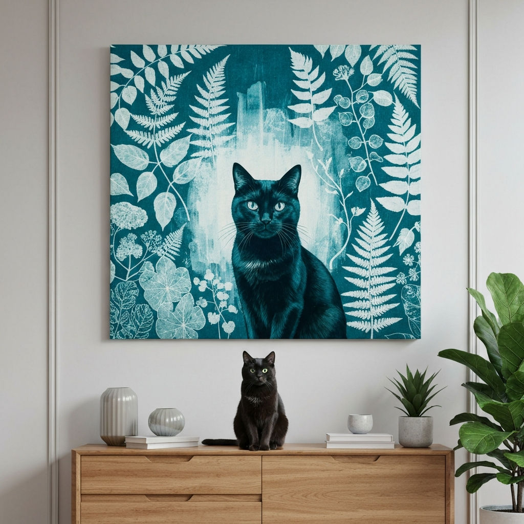 Botanical Cyanotype Cat Canvas room mockup; custom cat portrait canvas from photo in the Botanical Cyanotype Cat style; black cat; proof before print.