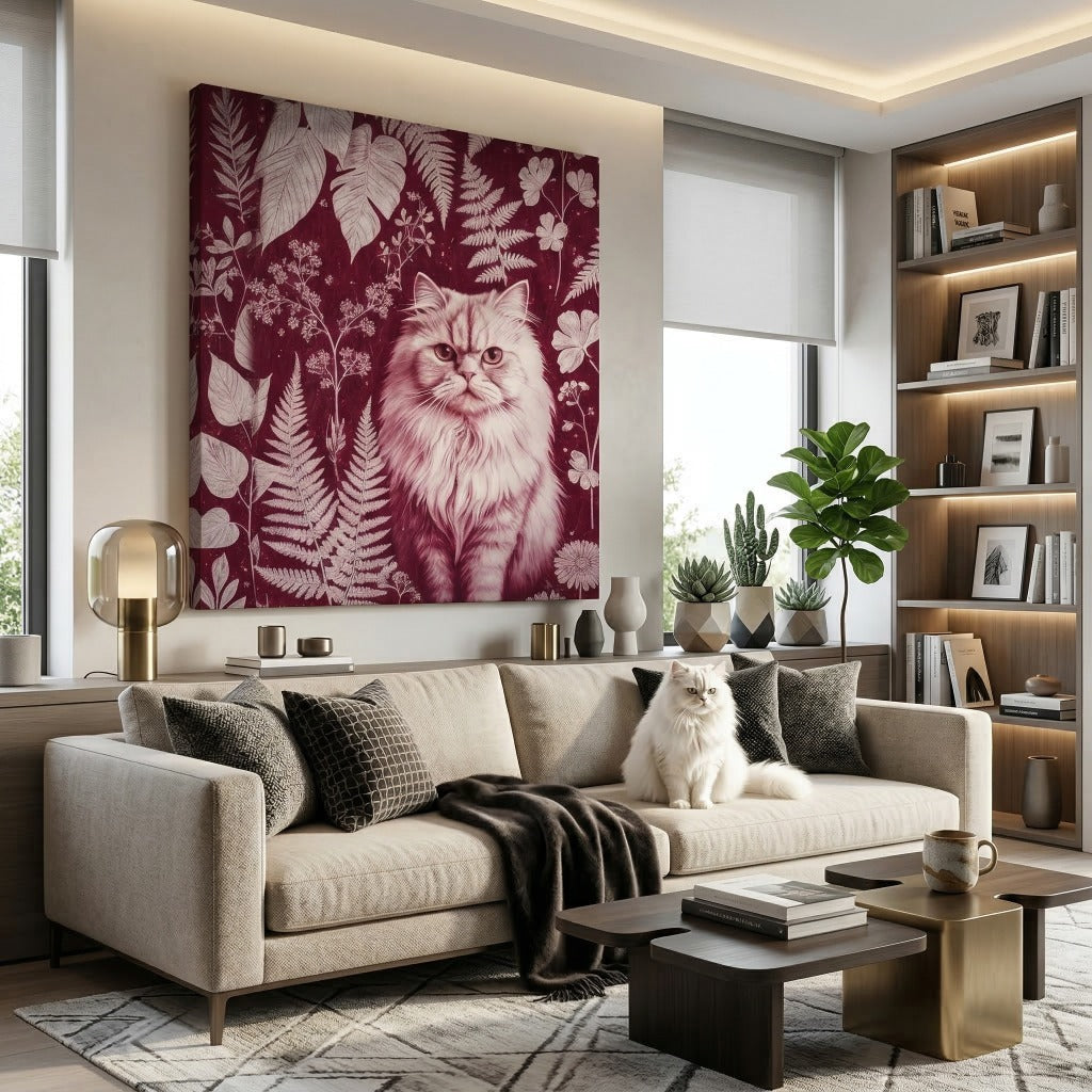 Botanical Cyanotype Cat Canvas room mockup; custom cat portrait canvas from photo in the Botanical Cyanotype Cat style; longhair cat; proof before print.