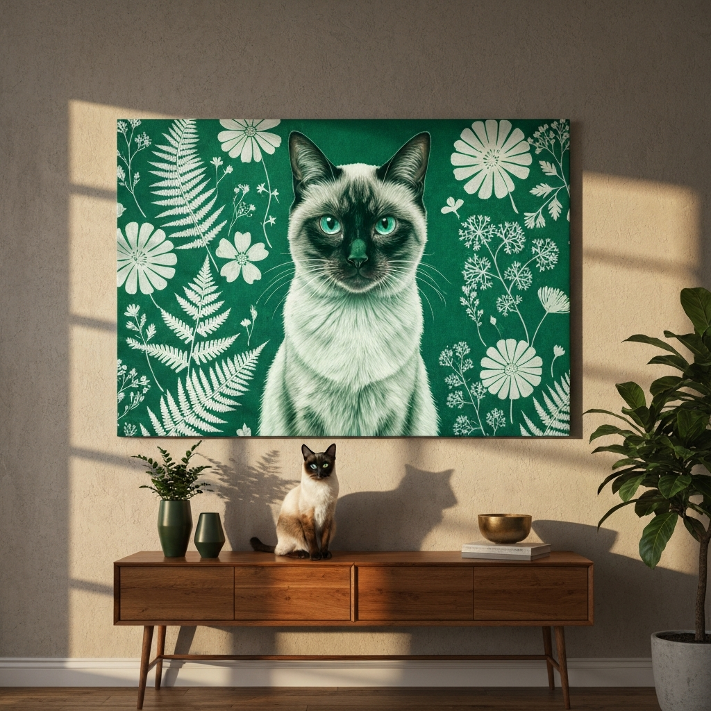 Botanical Cyanotype Cat Canvas room mockup; custom cat portrait canvas from photo in the Botanical Cyanotype Cat style; pointed cat; proof before print.