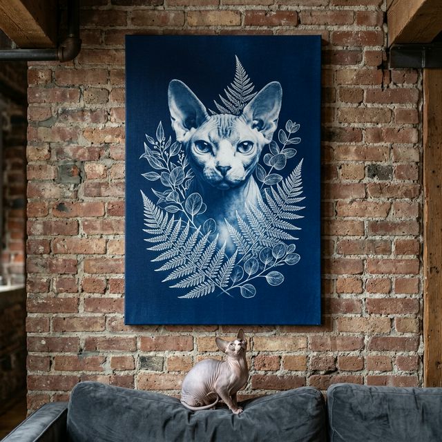 Botanical Cyanotype Cat Canvas room mockup; custom cat portrait canvas from photo in the Botanical Cyanotype Cat style; hairless cat; proof before print.