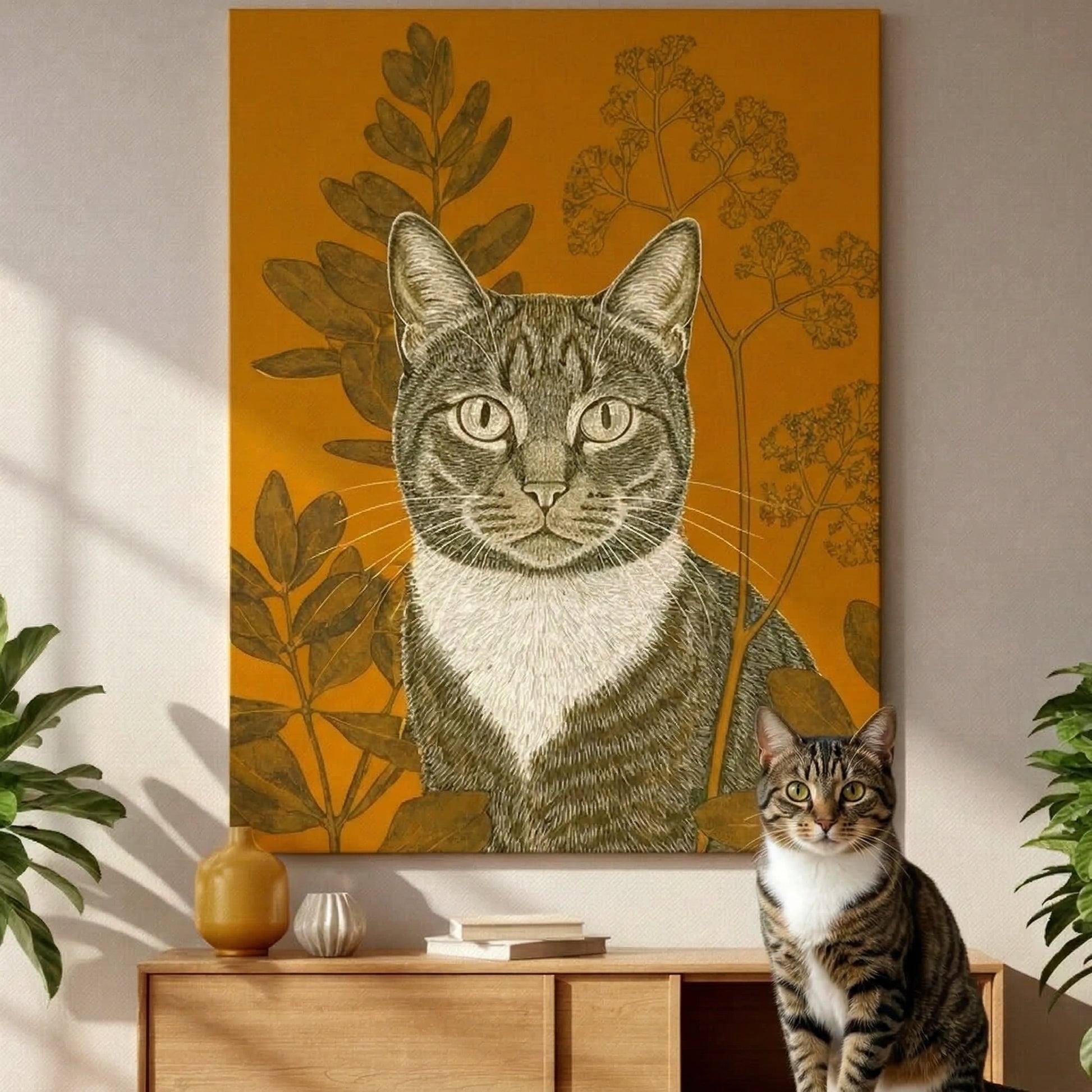 Botanical Cyanotype Cat Canvas room mockup; custom cat portrait canvas from photo in the Botanical Cyanotype Cat style; tabby cat; proof before print.