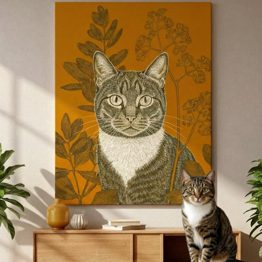 Botanical Cyanotype Cat Canvas room mockup; custom cat portrait canvas from photo in the Botanical Cyanotype Cat style; tabby cat; proof before print.