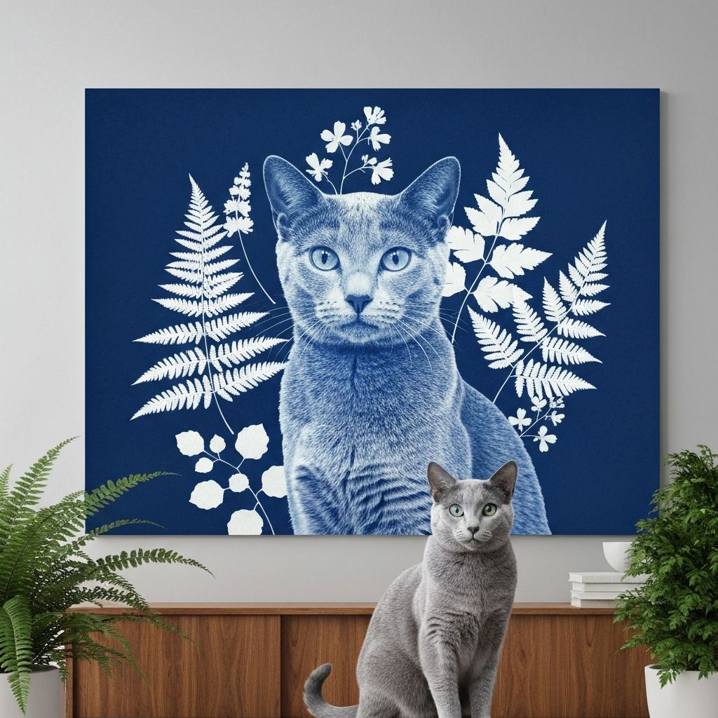 Botanical Cyanotype Cat Canvas room mockup; custom cat portrait canvas from photo in the Botanical Cyanotype Cat style; gray cat; proof before print.