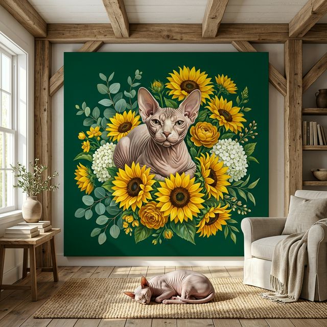 Floral Portrait Cat Canvas room mockup; custom cat portrait canvas from photo in the Floral Portrait Cat style; hairless cat; proof before print.
