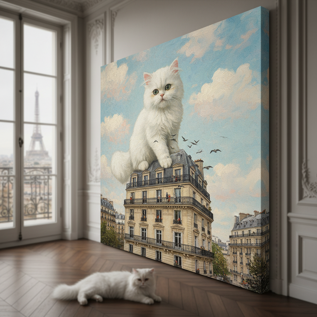 Colossal Cityscape Cat Canvas room mockup; custom cat portrait canvas from photo in the Colossal Cityscape Cat style; longhair cat; proof before print.
