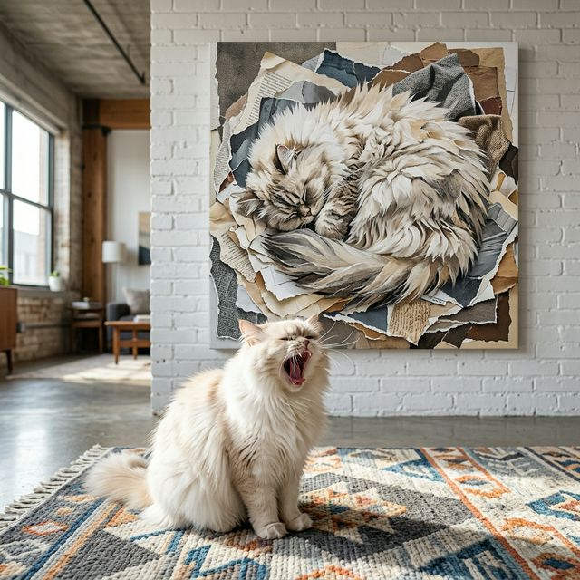 Modern Collage Canvas room mockup; custom cat portrait canvas from photo in the Modern Collage style; longhair cat; proof before print.