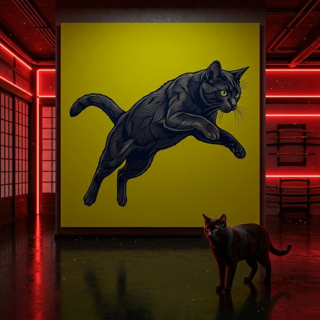 Graphic Wild Form Canvas room mockup; custom cat portrait canvas from photo in the Graphic Wild Form style; black cat; proof before print.