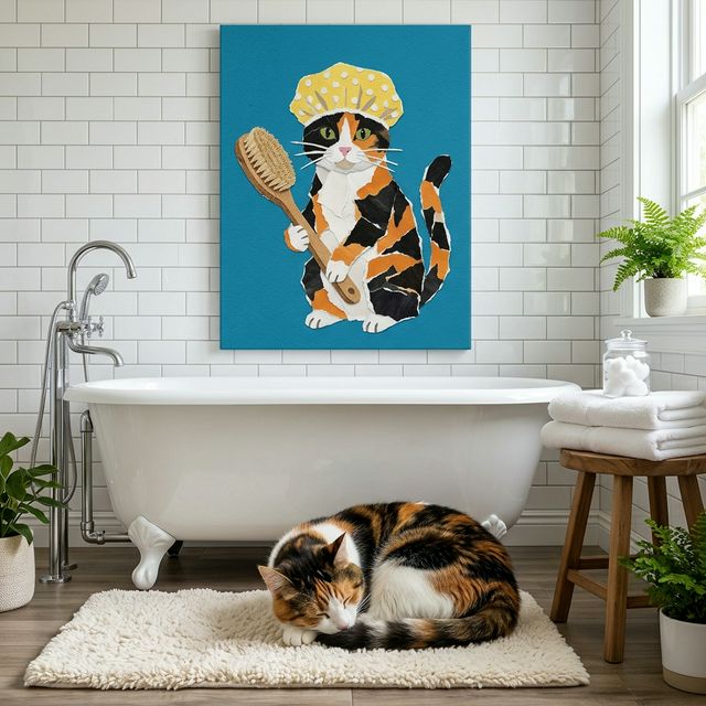 Paper Cut Block Canvas room mockup; custom cat portrait canvas from photo in the Paper Cut Block style; kitchen-themed; calico cat; proof before print.