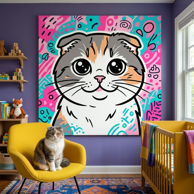 Cute Kawaii Line Art Canvas room mockup; custom cat portrait canvas from photo in the Cute Kawaii Line Art style; gray cat; proof before print.