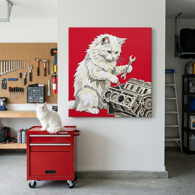 Paper Cut Block Canvas room mockup; custom cat portrait canvas from photo in the Paper Cut Block style; black cat; proof before print.