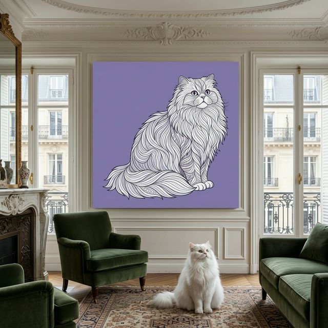 Graphic Wild Form Canvas room mockup; custom cat portrait canvas from photo in the Graphic Wild Form style; longhair cat; proof before print.