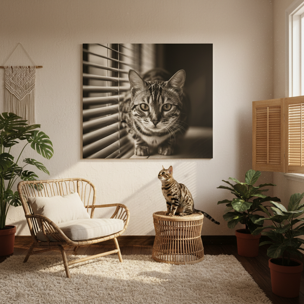 Retro Surveillance Canvas room mockup; custom cat portrait canvas from photo in the Retro Surveillance style; spotted tabby-like cat; proof before print.