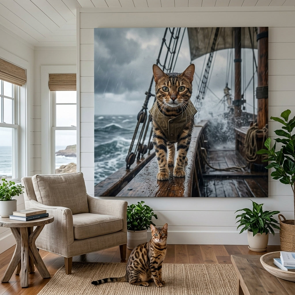 Open Water Canvas room mockup; custom cat portrait canvas from photo in the Open Water style; spotted tabby-like cat; proof before print.