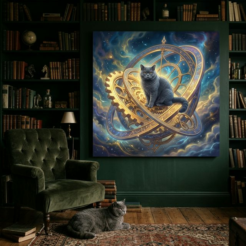 Mythic Forest Dream Canvas room mockup; custom cat portrait canvas from photo in the Mythic Forest Dream style; nature-themed; gray cat; proof before print.