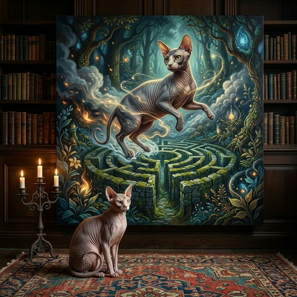 Mythic Forest Dream Canvas room mockup; custom cat portrait canvas from photo in the Mythic Forest Dream style; nature-themed; hairless cat; proof before print.