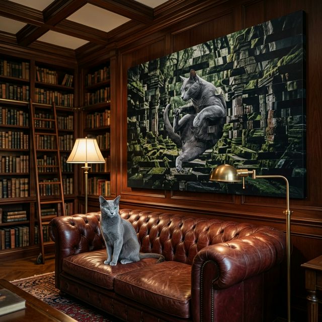 The Fragmented Identity Canvas room mockup; custom cat portrait canvas from photo in the The Fragmented Identity style; longhair cat; proof before print.