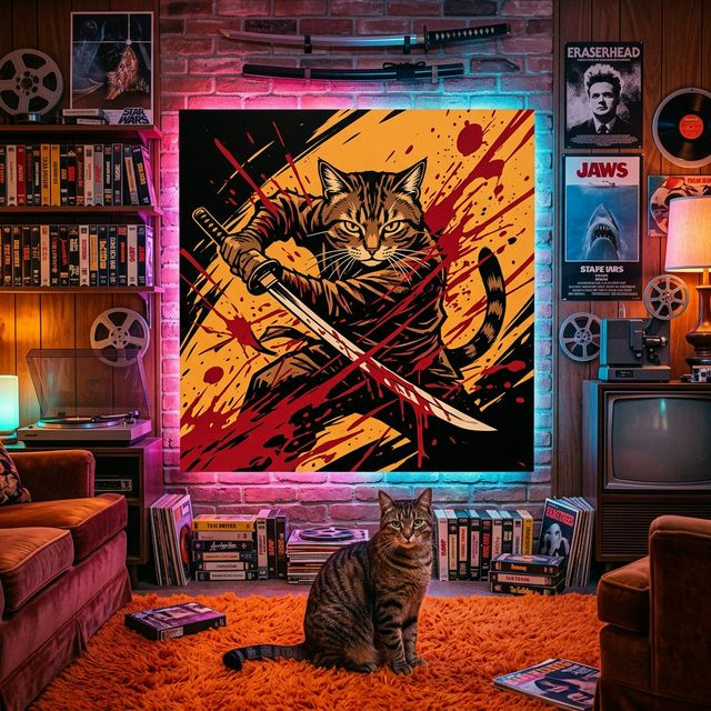 Graphic Ninja Canvas room mockup; custom cat portrait canvas from photo in the Graphic Ninja style; ninja-themed; brown tabby cat; proof before print.