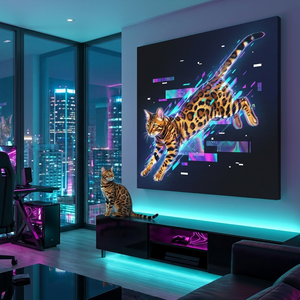 Digital Glitch Reality Canvas room mockup; custom cat portrait canvas from photo in the Digital Glitch Reality style; spotted tabby-like cat; proof before print.