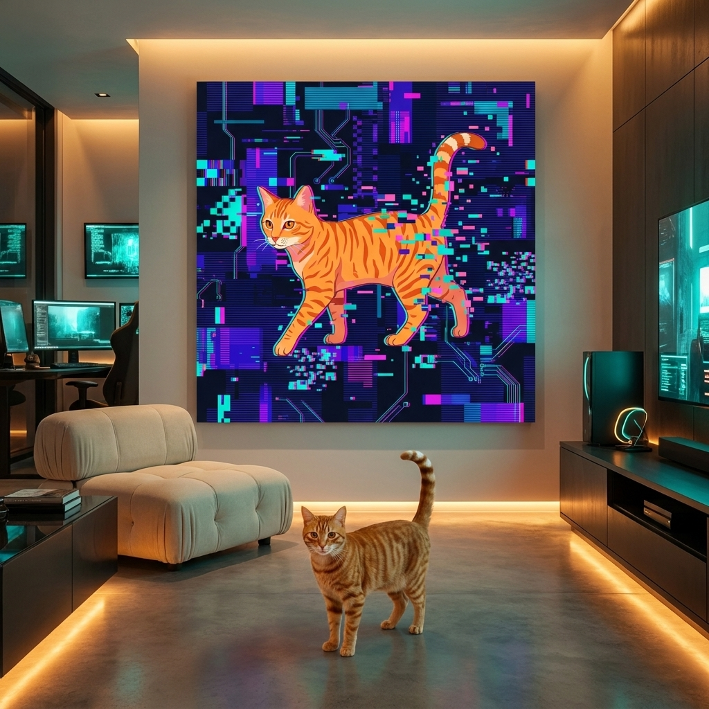 Digital Glitch Reality Canvas room mockup; custom cat portrait canvas from photo in the Digital Glitch Reality style; orange tabby cat; proof before print.