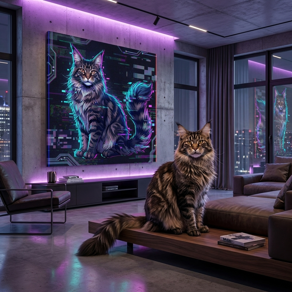 Digital Glitch Reality Canvas room mockup; custom cat portrait canvas from photo in the Digital Glitch Reality style; longhair cat; proof before print.