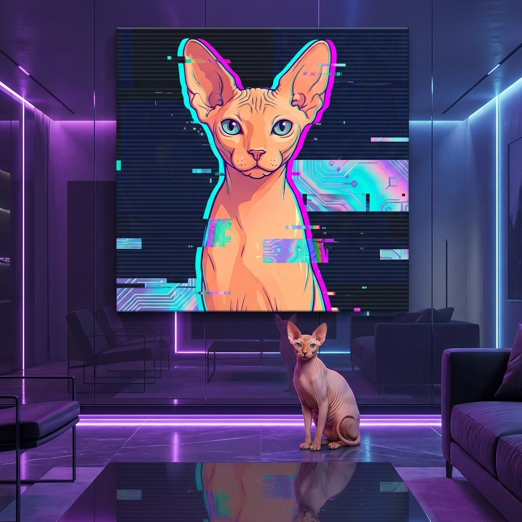 Digital Glitch Reality Canvas room mockup; custom cat portrait canvas from photo in the Digital Glitch Reality style; hairless cat; proof before print.