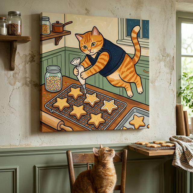 Cozy Kitchen Folk Canvas room mockup; custom cat portrait canvas from photo in the Cozy Kitchen Folk style; kitchen-themed; orange tabby cat; proof before print.